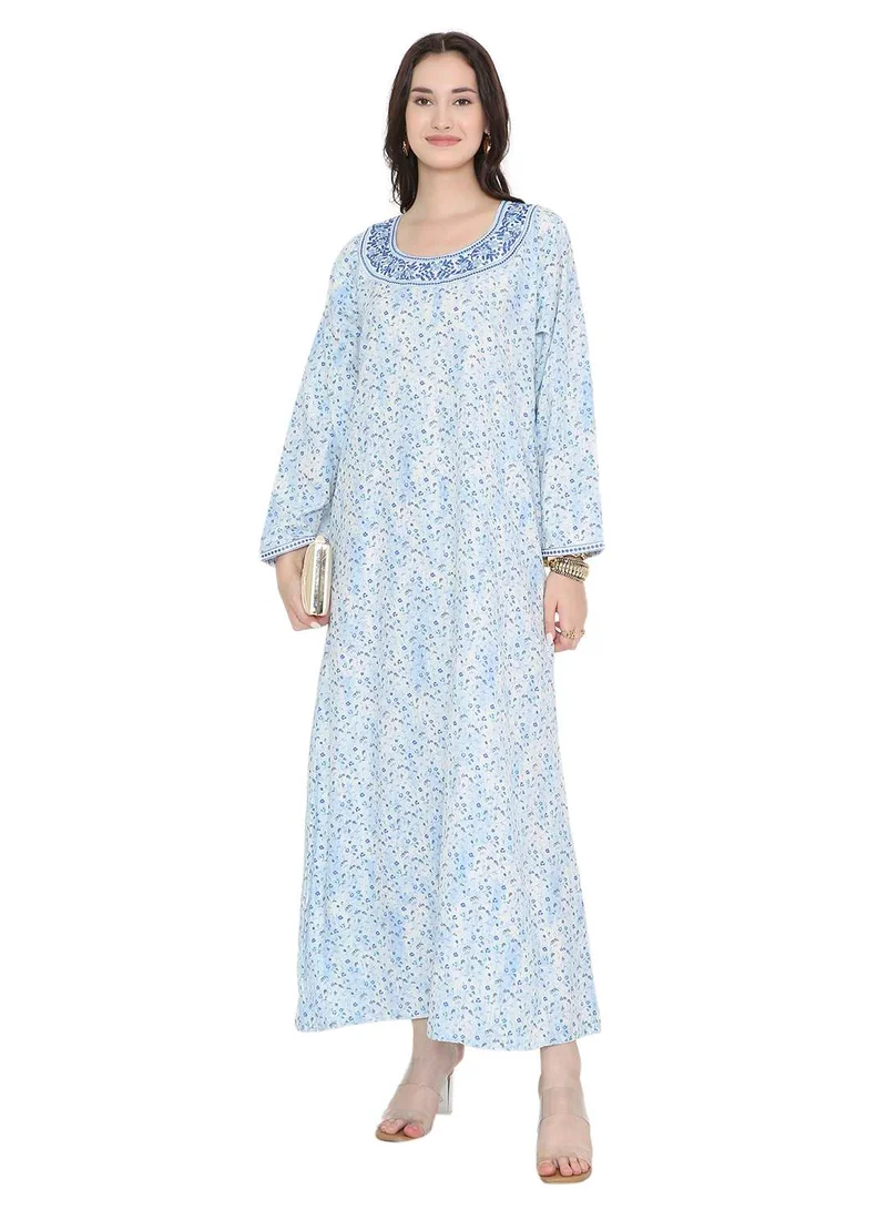 هانا آند سارا Tiny Flower Printed and Neck Embroidered Long Arabic Farasha Kaftan Dresses