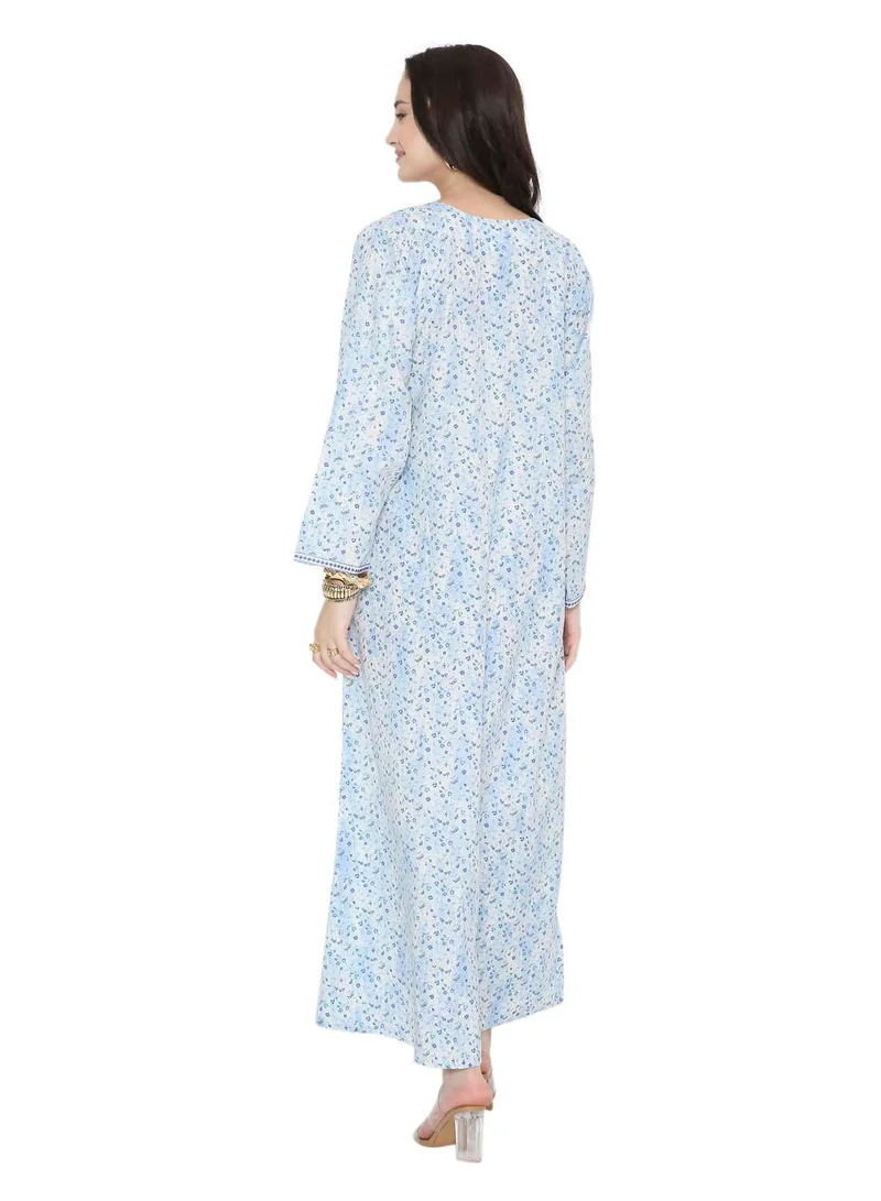هانا آند سارا Tiny Flower Printed and Neck Embroidered Long Arabic Farasha Kaftan Dresses