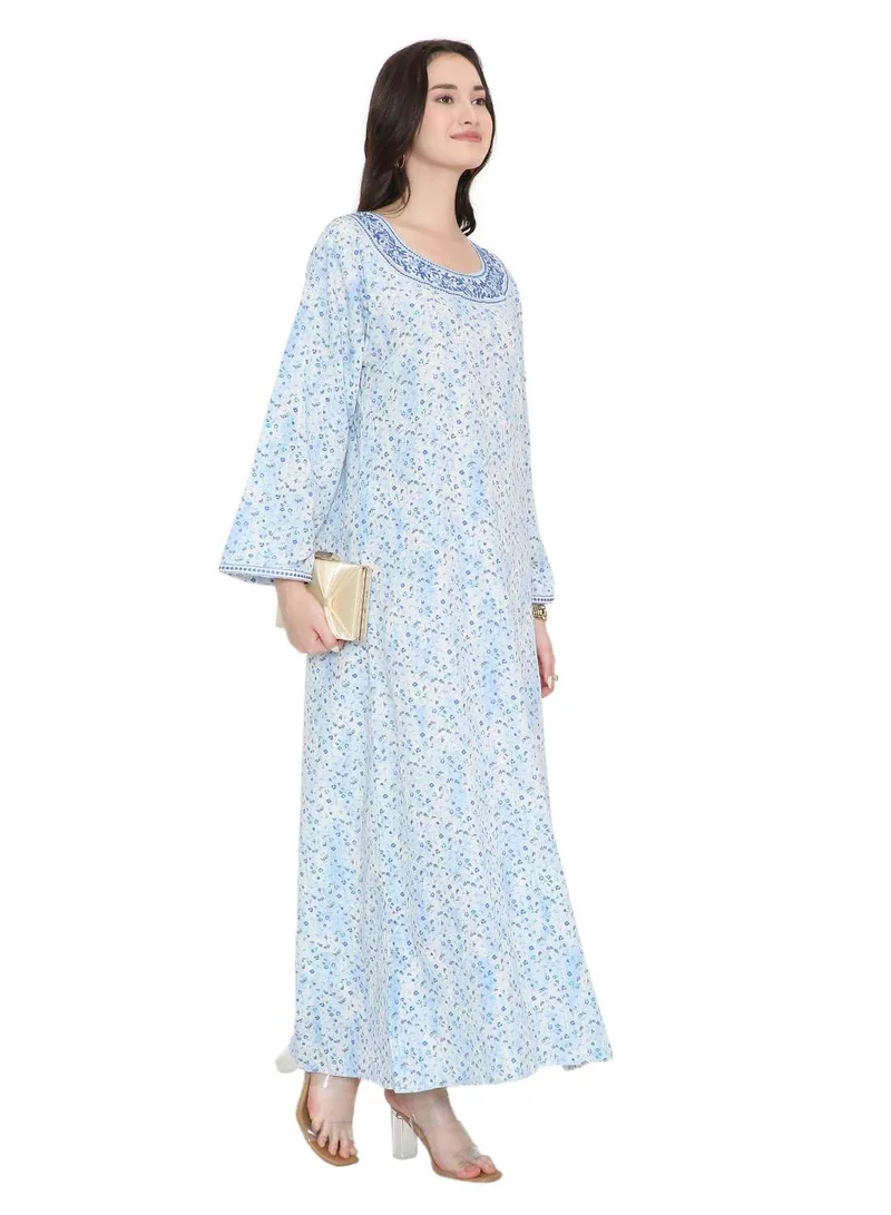 HANA & SARA Tiny Flower Printed and Neck Embroidered Long Arabic Farasha Kaftan Dresses