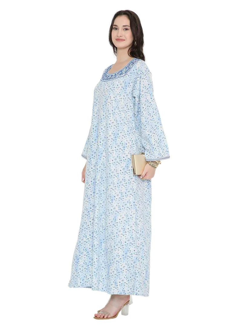 HANA & SARA Tiny Flower Printed and Neck Embroidered Long Arabic Farasha Kaftan Dresses