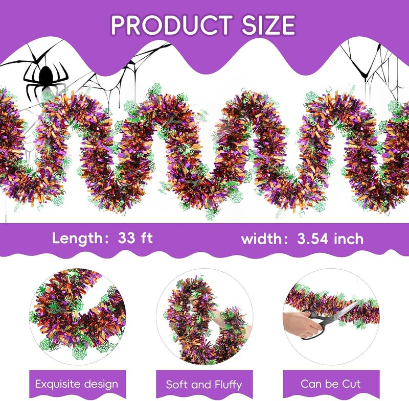CIPOWM 33FT Halloween Tinsel Garland, Metallic Twist Foil Tinsel Garland with Green Spider Web Ornament Shiny Hanging Garland for Halloween Party Indoor Outdoor Decoration - Image 2