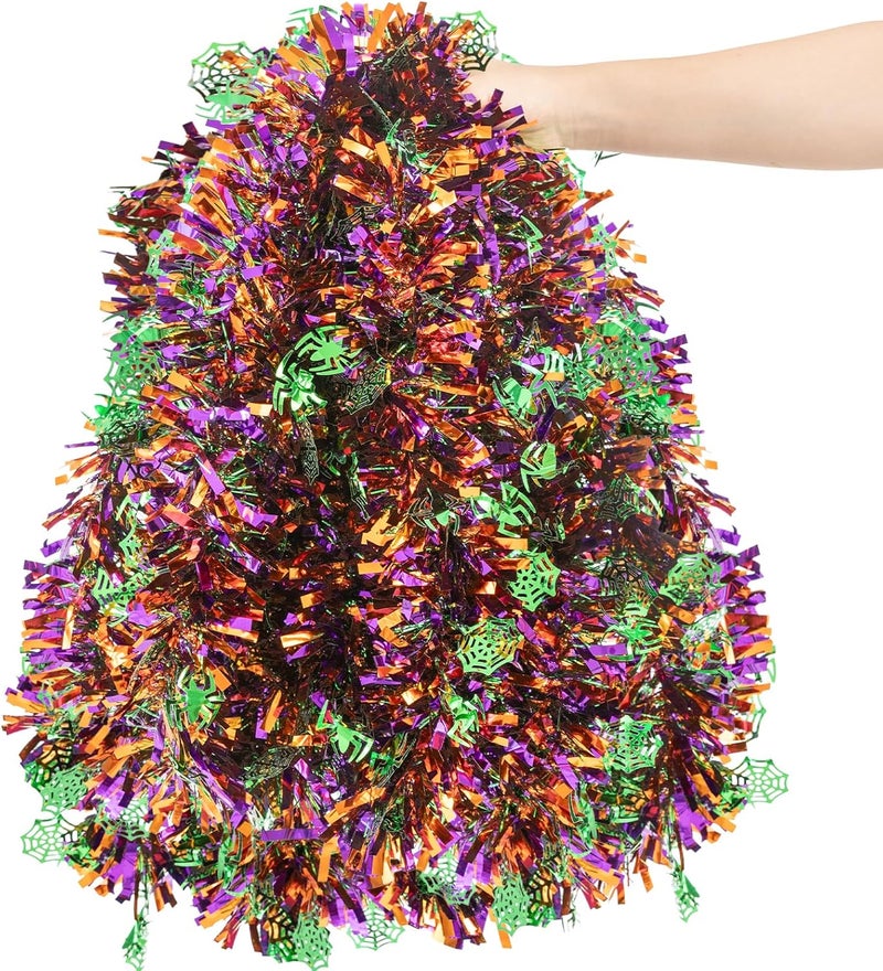 CIPOWM 33FT Halloween Tinsel Garland, Metallic Twist Foil Tinsel Garland with Green Spider Web Ornament Shiny Hanging Garland for Halloween Party Indoor Outdoor Decoration - Image 3