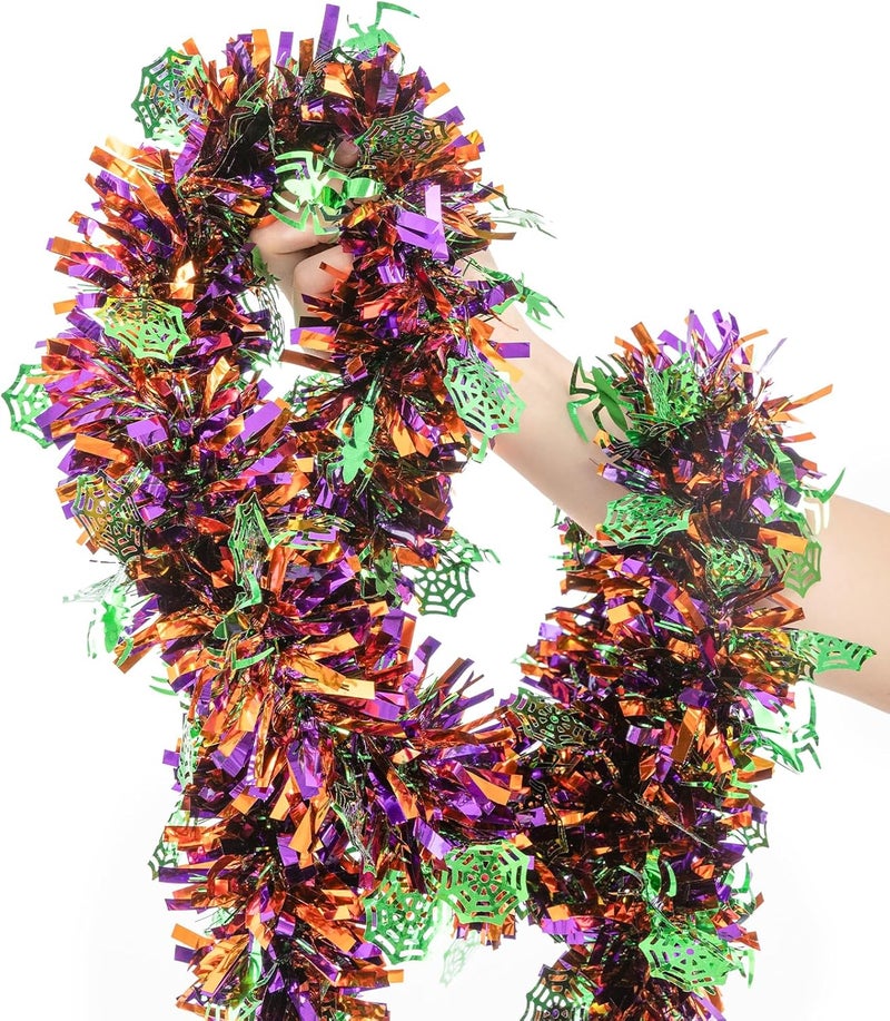 CIPOWM 33FT Halloween Tinsel Garland, Metallic Twist Foil Tinsel Garland with Green Spider Web Ornament Shiny Hanging Garland for Halloween Party Indoor Outdoor Decoration - Image 1