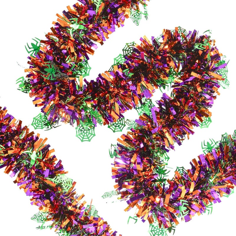 CIPOWM 33FT Halloween Tinsel Garland, Metallic Twist Foil Tinsel Garland with Green Spider Web Ornament Shiny Hanging Garland for Halloween Party Indoor Outdoor Decoration - Image 4