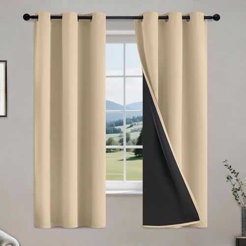 COSVIYA 100% Beige Blackout Curtains for Bedroom Kids Room 63 Inches Length 2 Panels Set, Full Light Blocking Thermal Insulated Grommet Nursery Window Treatment Drapes with Black Liner,W40 x L63 - Image 1