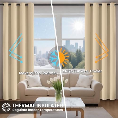 COSVIYA 100% Beige Blackout Curtains for Bedroom Kids Room 63 Inches Length 2 Panels Set, Full Light Blocking Thermal Insulated Grommet Nursery Window Treatment Drapes with Black Liner,W40 x L63 - Image 5
