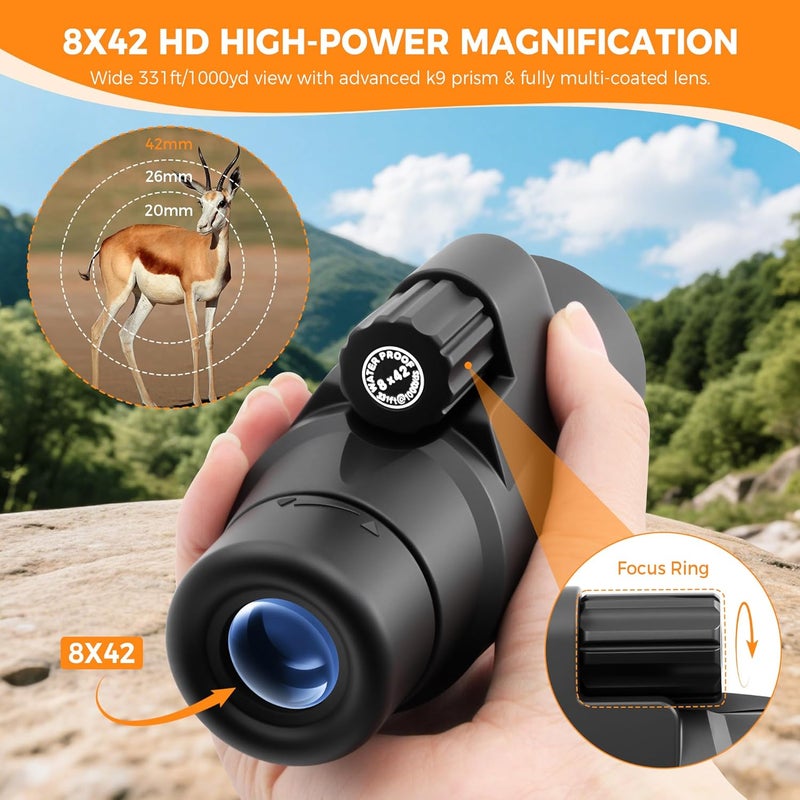 أسترومانيا تلسكوب أسترومانيا أحادي العين 8X42 HD K9 بعدسة بريزمية، قوة تكبير عالية وحجم صغير، مقاوم للماء والضباب والصدمات، مثالي لمراقبة الطيور والتخييم ومشاهدة الحياة البرية. يتميز بتقنية طلاء متعددة الطبقات وغلاف مطاطي مانع للانزلاق. - Image 2