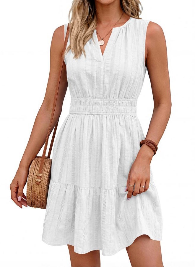 BTFBM Mini Dresses for Women 2026 Summer Sleeveless V Neck Elastic Waist Beach Vacation Sundress Boho Casual Dress Pockets, White, M - Image 1