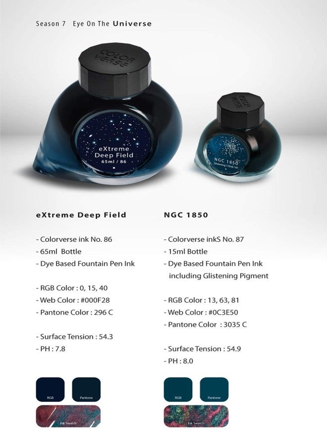 Colorverse Turquoise Blue & Shiny Turquoise Blue Fountain Pen Ink Bottles | Extreme Deep Field & NGC 1850 (Shimmer/Glitter) | 65ml & 15ml | 2 Bottle Set | Dye-Based | Eye On The Universe Series - Image 3
