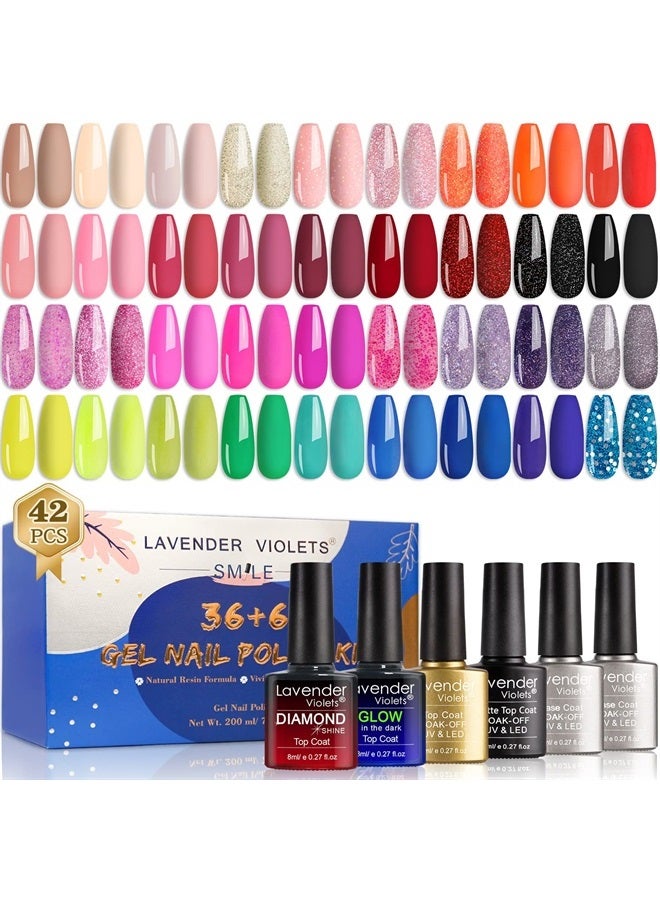 42 Pcs Gel Nail Polish Kit Set with 36 Colors, 6 Bottles of Base top Coat, Glossy Matte Diamond Shine Glow in the Dark Top Coat for Women Easter Mother's Day C950