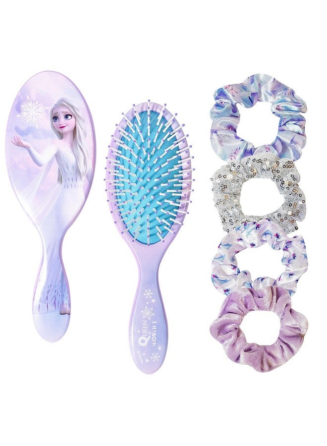 Luv Her Frozen Princess Elsa 5 Pcs Hair Accessory Set 1 Hair Brush + 4 Scrunchies For Girls. Detangling Brush And Elastic Hair Ties. - Image 1