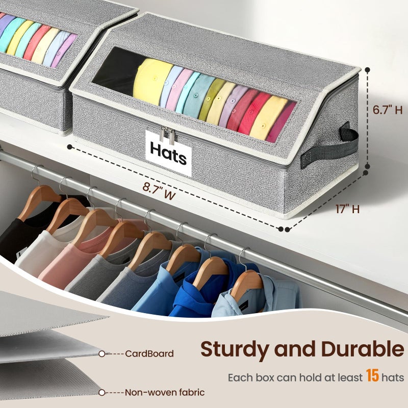 Snuvid Hat Organizer for Baseball Caps, 2-Pack Stackable Hat Storage Box Holds 30 Caps, Foldable Cardboard Holder with Clear Dust-Proof Window for Closet, Grey - Image 2