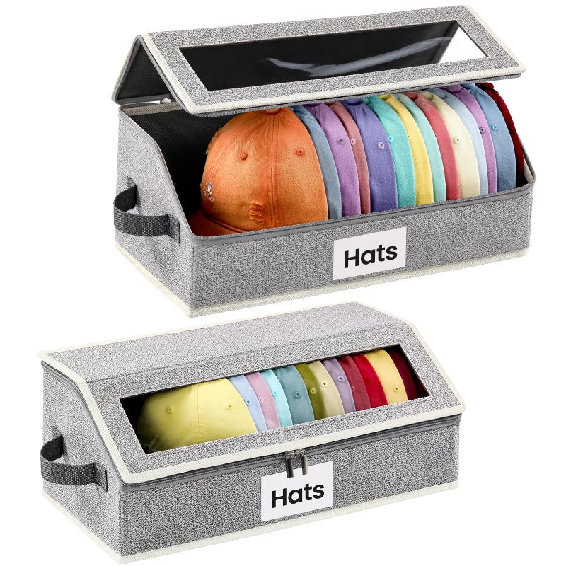 Snuvid Hat Organizer for Baseball Caps, 2-Pack Stackable Hat Storage Box Holds 30 Caps, Foldable Cardboard Holder with Clear Dust-Proof Window for Closet, Grey - Image 1