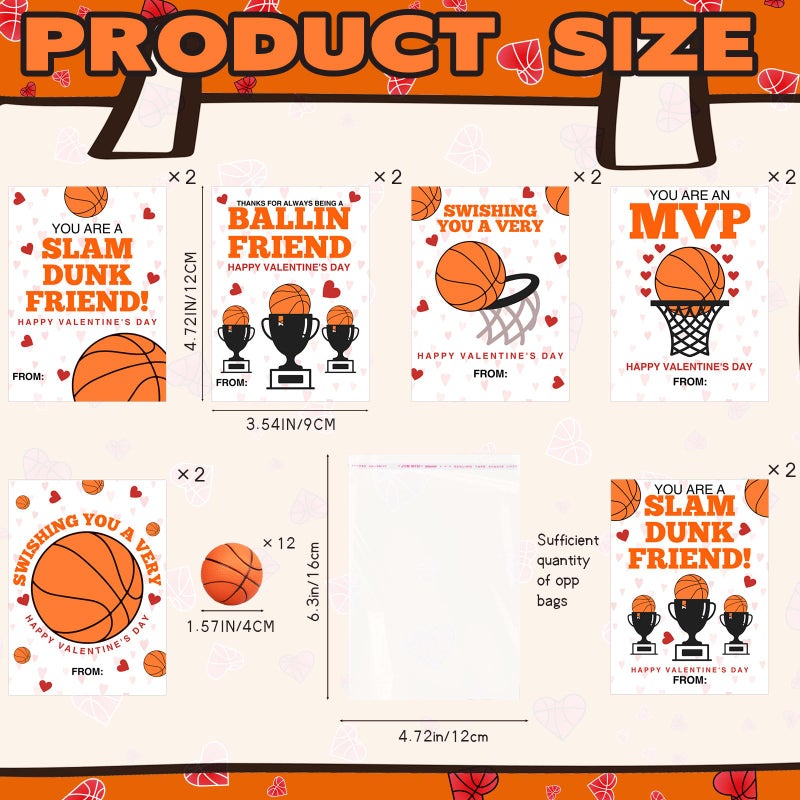 Demonwer 24 Pcs Valentine's Day Cards with Basketball Valentines Sports Gift Card Mini Squeeze Foam Basketball Valentine Greeting Cards for Sports Party Classroom Exchange Prize Favors - Image 2