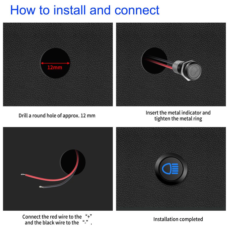 TIANWIDJEW 12V LED Indicator Small Light Waterproof, 1/2"(12mm) Panel Cutout 12V 24V Metal LED Indicator with 22AWG 150MM Wire - High Beam, Single Arrow Left/Right, Parking Indicat-or, 4PCS - Image 5