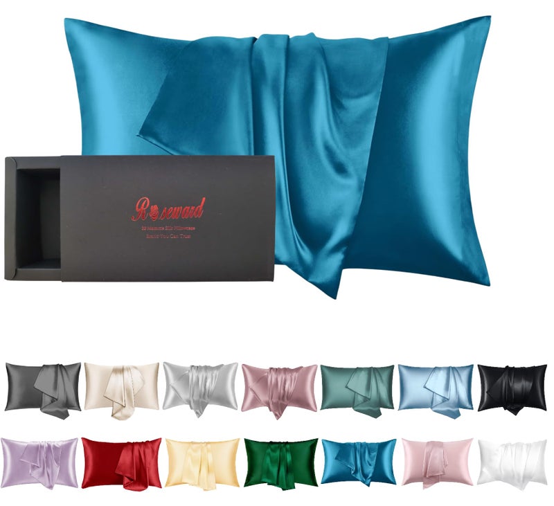 ROSEWARD Mulberry Silk Pillowcase for Hair and Skin Made in USA  22 Momme King Size Silk Pillow Cases with Zipper  100% Silk  Anti Aging  Anti Acne  1 Pc 20""x36"" (King  Peacock Blue) - Image 1