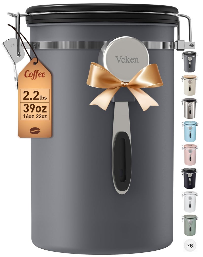 Veken Coffee Canister, 39OZ Large, Airtight Stainless Steel Food Storage Container for 2.2lbs Coffee Beans,Ground, Sugar,Espresso,Rice,Tea,Flour, Cereal,Home Kitchen Pantry Bar Accessories, Gifts,Gray - Image 1