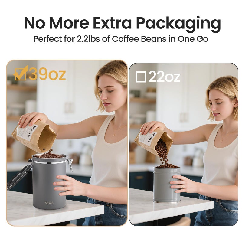 Veken Coffee Canister, 39OZ Large, Airtight Stainless Steel Food Storage Container for 2.2lbs Coffee Beans,Ground, Sugar,Espresso,Rice,Tea,Flour, Cereal,Home Kitchen Pantry Bar Accessories, Gifts,Gray - Image 4