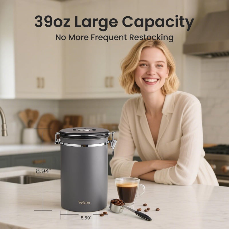 Veken Coffee Canister, 39OZ Large, Airtight Stainless Steel Food Storage Container for 2.2lbs Coffee Beans,Ground, Sugar,Espresso,Rice,Tea,Flour, Cereal,Home Kitchen Pantry Bar Accessories, Gifts,Gray - Image 2