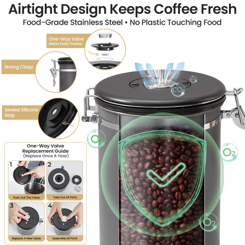 Veken Coffee Canister, 39OZ Large, Airtight Stainless Steel Food Storage Container for 2.2lbs Coffee Beans,Ground, Sugar,Espresso,Rice,Tea,Flour, Cereal,Home Kitchen Pantry Bar Accessories, Gifts,Gray - Image 5