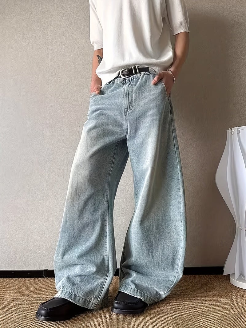 Gengyuan'S Features Washed Curved Blade Jeans for Men, Designed with a Vintage Loose Fit, Casual Wide-Leg Style, And Scythe-Like Pants - Image 4