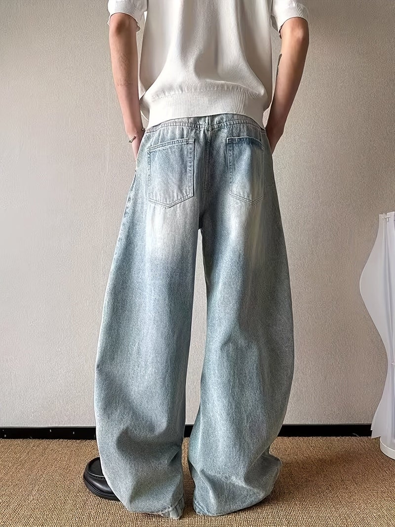 Gengyuan'S Features Washed Curved Blade Jeans for Men, Designed with a Vintage Loose Fit, Casual Wide-Leg Style, And Scythe-Like Pants - Image 5