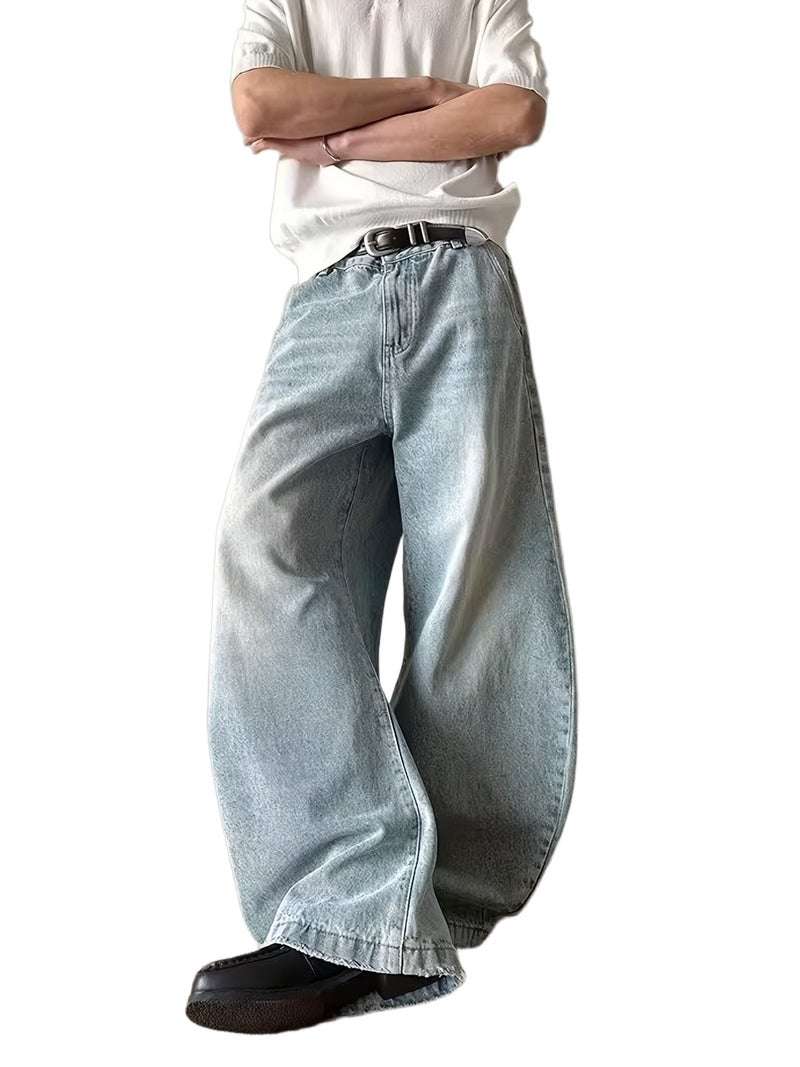 Gengyuan'S Features Washed Curved Blade Jeans for Men, Designed with a Vintage Loose Fit, Casual Wide-Leg Style, And Scythe-Like Pants - Image 1