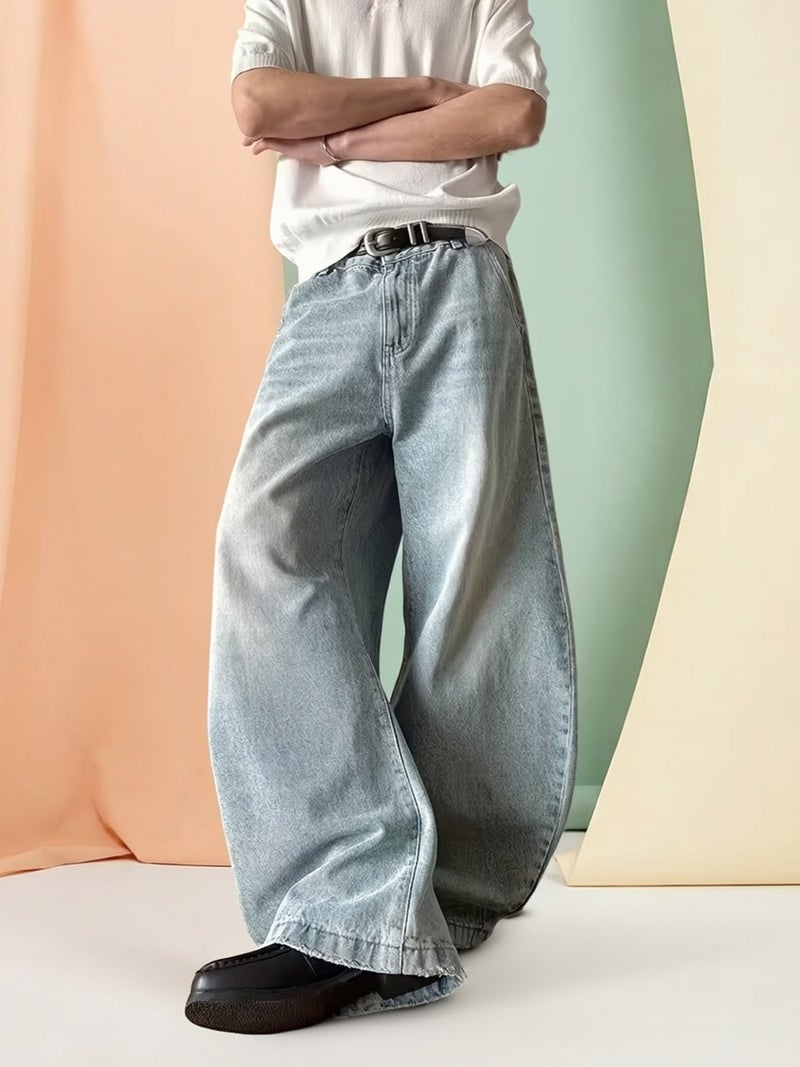 Gengyuan'S Features Washed Curved Blade Jeans for Men, Designed with a Vintage Loose Fit, Casual Wide-Leg Style, And Scythe-Like Pants - Image 2