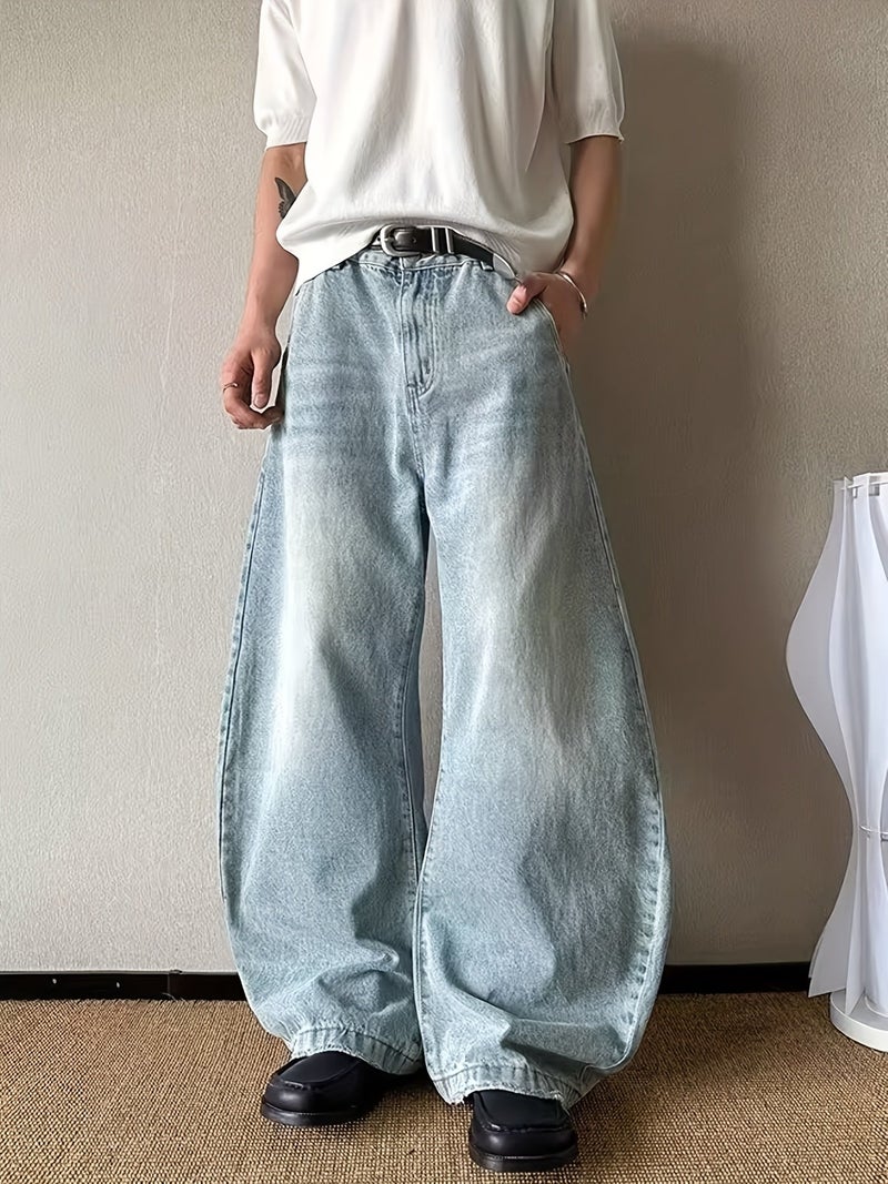 Gengyuan'S Features Washed Curved Blade Jeans for Men, Designed with a Vintage Loose Fit, Casual Wide-Leg Style, And Scythe-Like Pants - Image 3