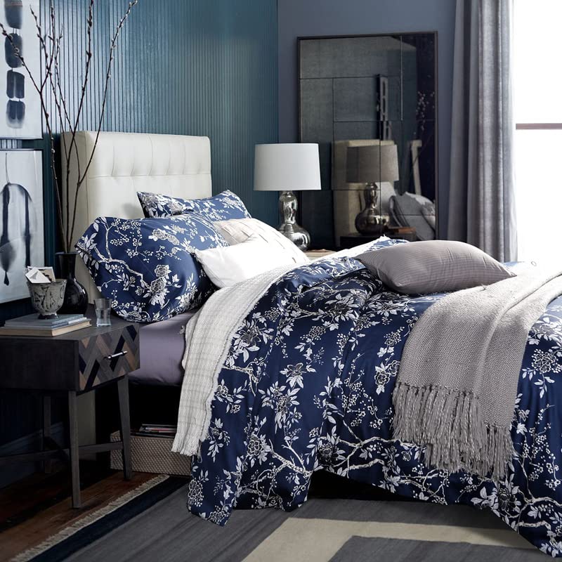 Eikei Eastern Floral Chinoiserie Blossom Print Duvet Quilt Cover Navy Blue Tan White Asian Style Botanical Tree Branches Ornamental Drawing 400TC Egyptian Cotton Bedding Set (Navy, Twin) - Image 4