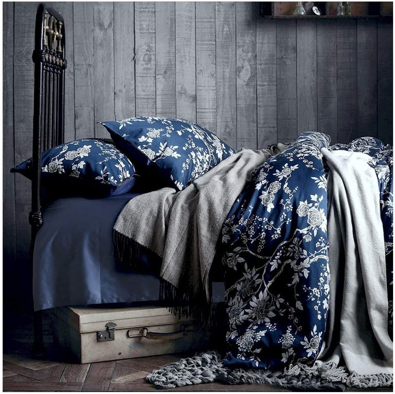 Eikei Eastern Floral Chinoiserie Blossom Print Duvet Quilt Cover Navy Blue Tan White Asian Style Botanical Tree Branches Ornamental Drawing 400TC Egyptian Cotton Bedding Set (Navy, Twin) - Image 1