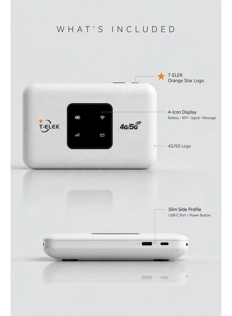 T-ELEK TM3 LED 5G LTE Wireless Modem WiFi Pro, 300Mbps Portable WiFi Router, 150Mbps LTE Speed, 3000mAh Rechargeable Battery, Type-C Charging, Supports Up to 12 Devices – White - Image 3
