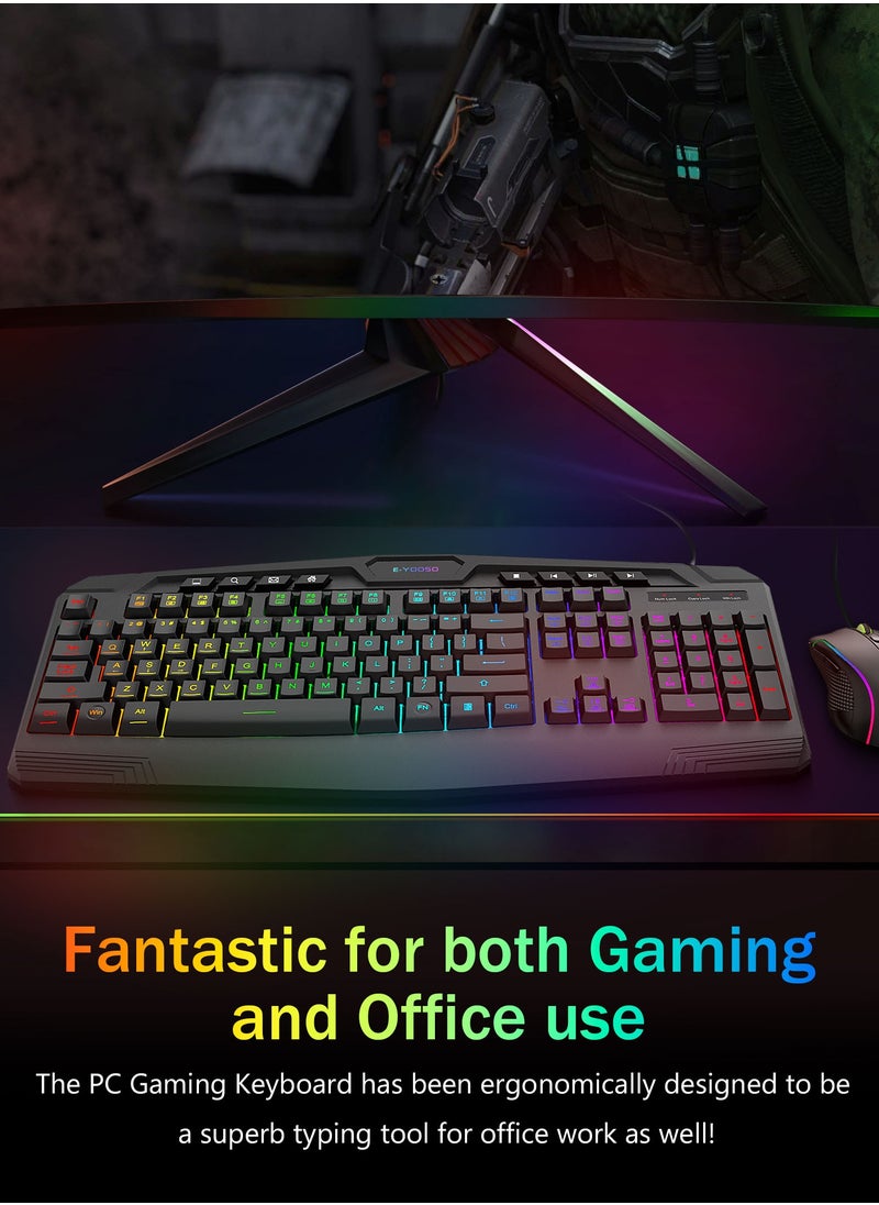 إي-يوسو - لوحة مفاتيح وماوس كومبو للألعاب، لوحة مفاتيح سلكية غشائية سلكية CQ109 RGB LED بإضاءة خلفية مضادة للظلال مع 104 مفتاح + 8 مفاتيح اختصار إضافية، ماوس 1000-3200 نقطة في البوصة RGB للكمبيوتر الشخصي/Xbox/PS4 (أسود) - Image 1