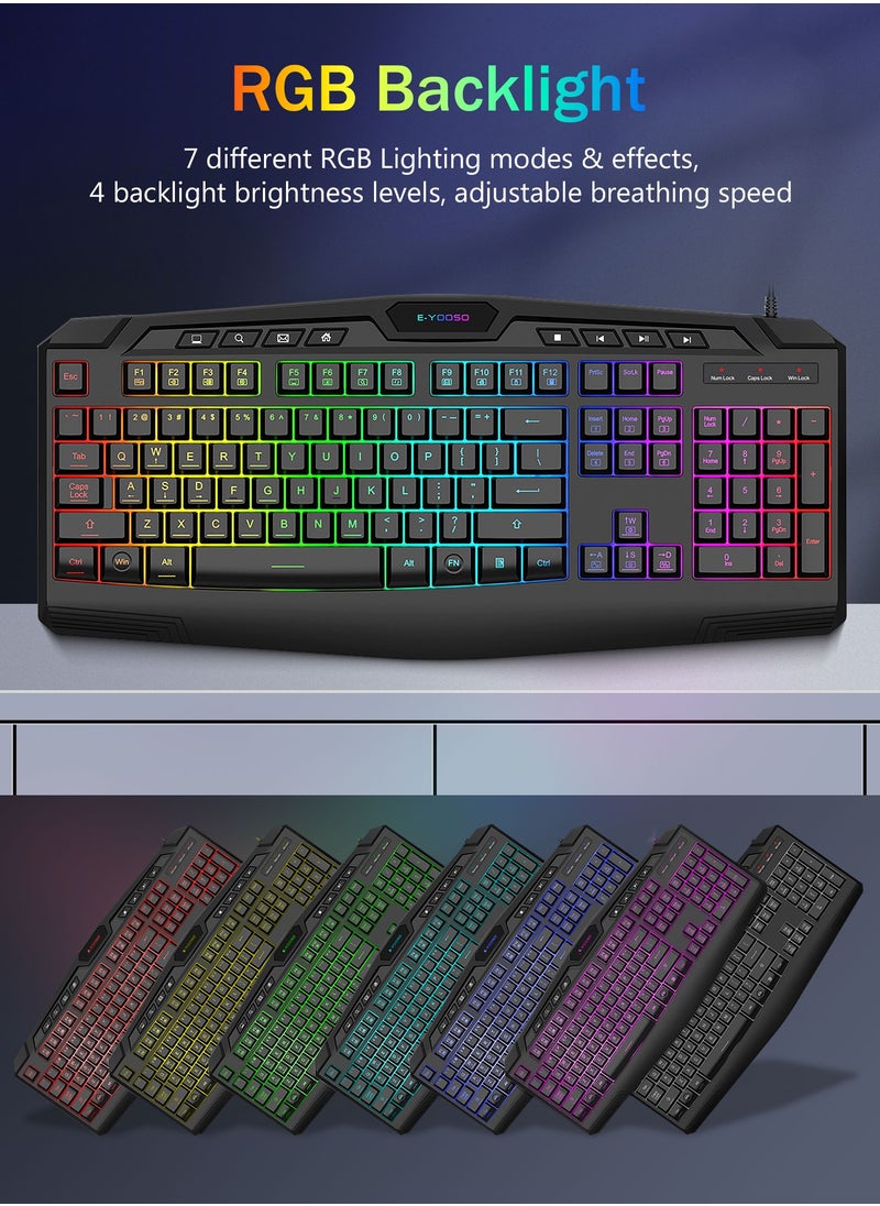 إي-يوسو - لوحة مفاتيح وماوس كومبو للألعاب، لوحة مفاتيح سلكية غشائية سلكية CQ109 RGB LED بإضاءة خلفية مضادة للظلال مع 104 مفتاح + 8 مفاتيح اختصار إضافية، ماوس 1000-3200 نقطة في البوصة RGB للكمبيوتر الشخصي/Xbox/PS4 (أسود) - Image 1