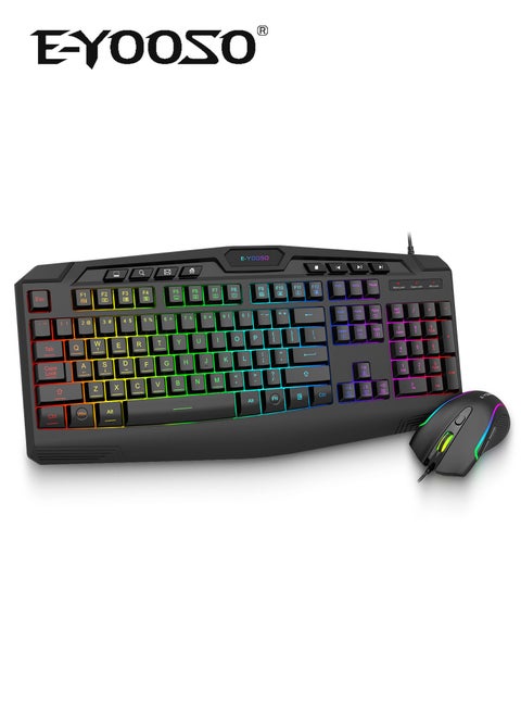 لوحة مفاتيح وماوس كومبو للألعاب، لوحة مفاتيح سلكية غشائية سلكية CQ109 RGB LED بإضاءة خلفية مضادة للظلال مع 104 مفتاح + 8 مفاتيح اختصار إضافية، ماوس 1000-3200 نقطة في البوصة RGB للكمبيوتر الشخصي/Xbox/PS4 (أسود)
