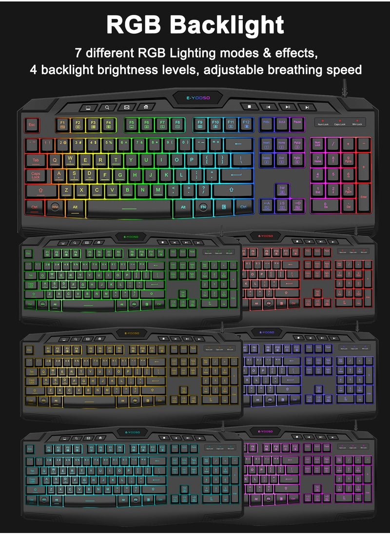 E-YOOSO - Gaming Keyboard and Mouse Combo, CQ109 RGB LED Backlit Anti-ghosting Wired Membrane Keyboard with 104 Keys +Extra 8 Hotkeys, 1000-3200 DPI RGB Mouse for PC/Xbox/PS4 (Black) - Image 1