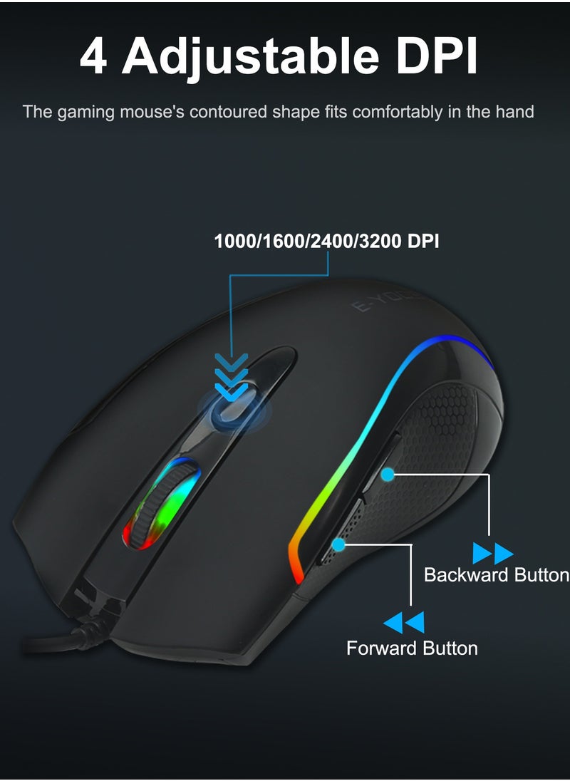 E-YOOSO - Gaming Keyboard and Mouse Combo, CQ109 RGB LED Backlit Anti-ghosting Wired Membrane Keyboard with 104 Keys +Extra 8 Hotkeys, 1000-3200 DPI RGB Mouse for PC/Xbox/PS4 (Black) - Image 1