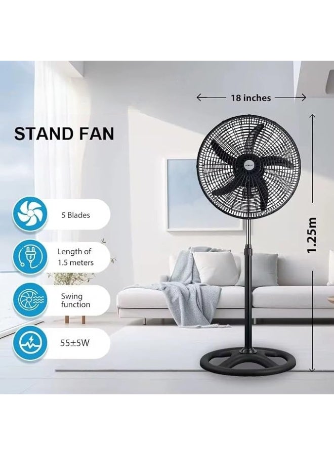 18-inch pedestal stand fan, 3 speeds, 5 blades, with a 1.5-meter cord and a sturdy base for stability and vibration prevention. - Image 2