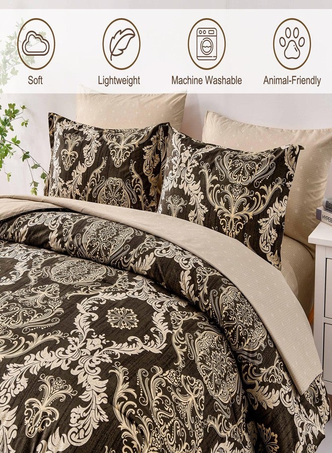WONGS BEDDING طقم لحاف من 7 قطع من وونغز بيدينغ، مقاس كينج، بتصميم دمشقي، طقم سرير متكامل، بني اللون، مصنوع من ألياف دقيقة ناعمة وخفيفة الوزن، مناسب لجميع الفصول. - Image 4