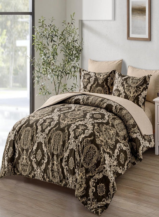 WONGS BEDDING طقم لحاف من 7 قطع من وونغز بيدينغ، مقاس كينج، بتصميم دمشقي، طقم سرير متكامل، بني اللون، مصنوع من ألياف دقيقة ناعمة وخفيفة الوزن، مناسب لجميع الفصول. - Image 2