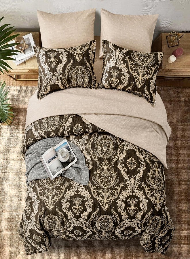 WONGS BEDDING طقم لحاف من 7 قطع من وونغز بيدينغ، مقاس كينج، بتصميم دمشقي، طقم سرير متكامل، بني اللون، مصنوع من ألياف دقيقة ناعمة وخفيفة الوزن، مناسب لجميع الفصول. - Image 3
