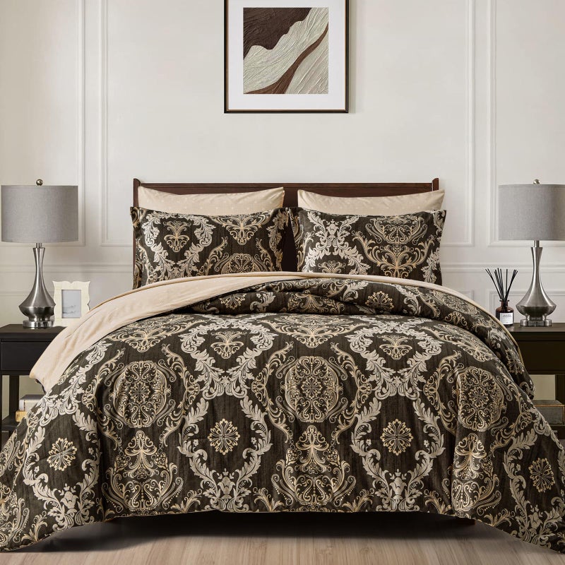 WONGS BEDDING طقم لحاف من 7 قطع من وونغز بيدينغ، مقاس كينج، بتصميم دمشقي، طقم سرير متكامل، بني اللون، مصنوع من ألياف دقيقة ناعمة وخفيفة الوزن، مناسب لجميع الفصول. - Image 1