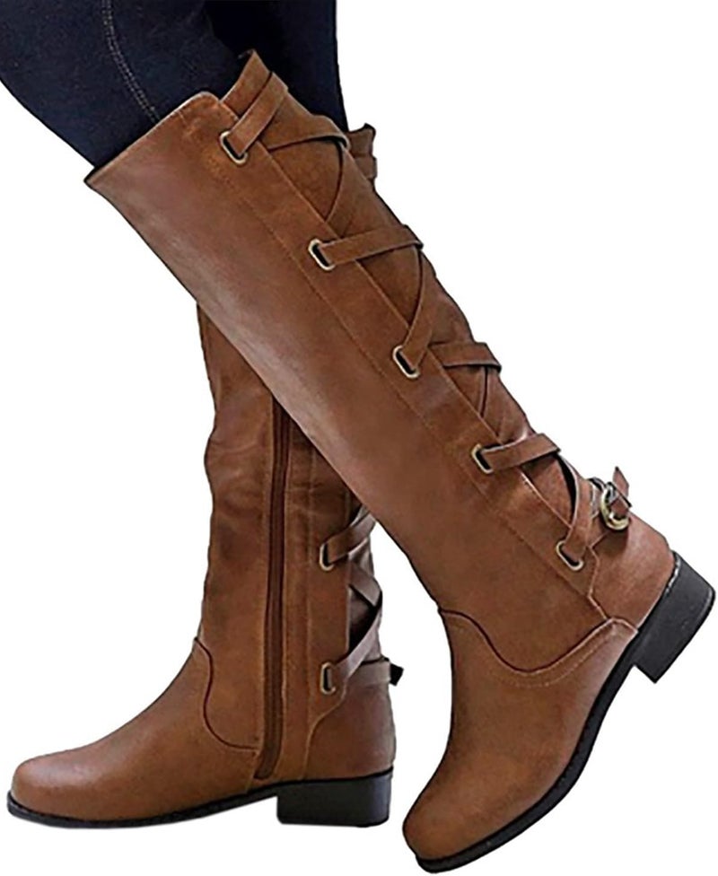 Syktkmx Women's Strappy Motorcycle Knee High Boots - Brown, Size 9 - Image 2