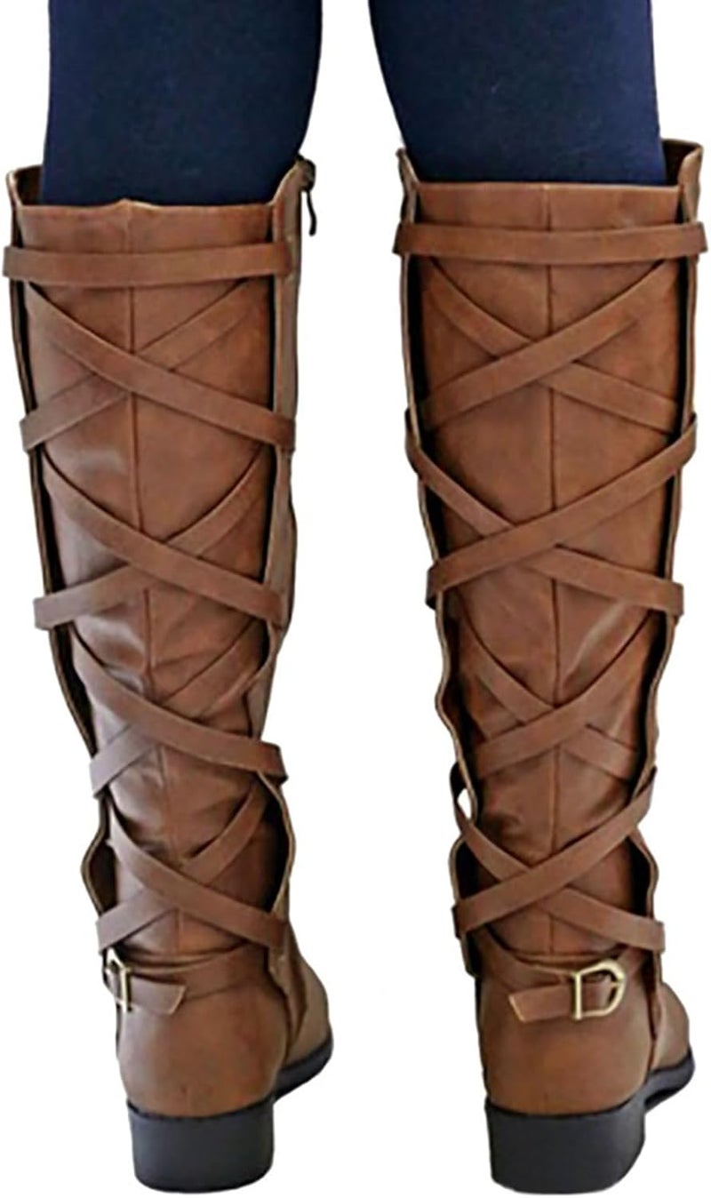 Syktkmx Women's Strappy Motorcycle Knee High Boots - Brown, Size 9 - Image 3