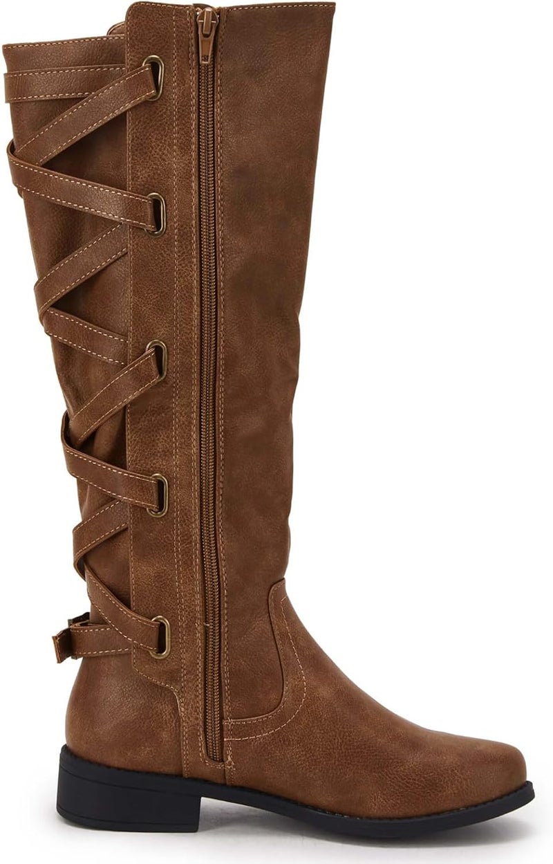 Syktkmx Women's Strappy Motorcycle Knee High Boots - Brown, Size 9 - Image 5