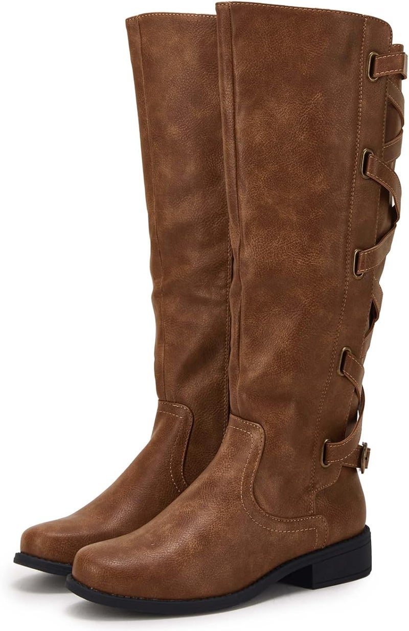 Syktkmx Women's Strappy Motorcycle Knee High Boots - Brown, Size 9 - Image 4