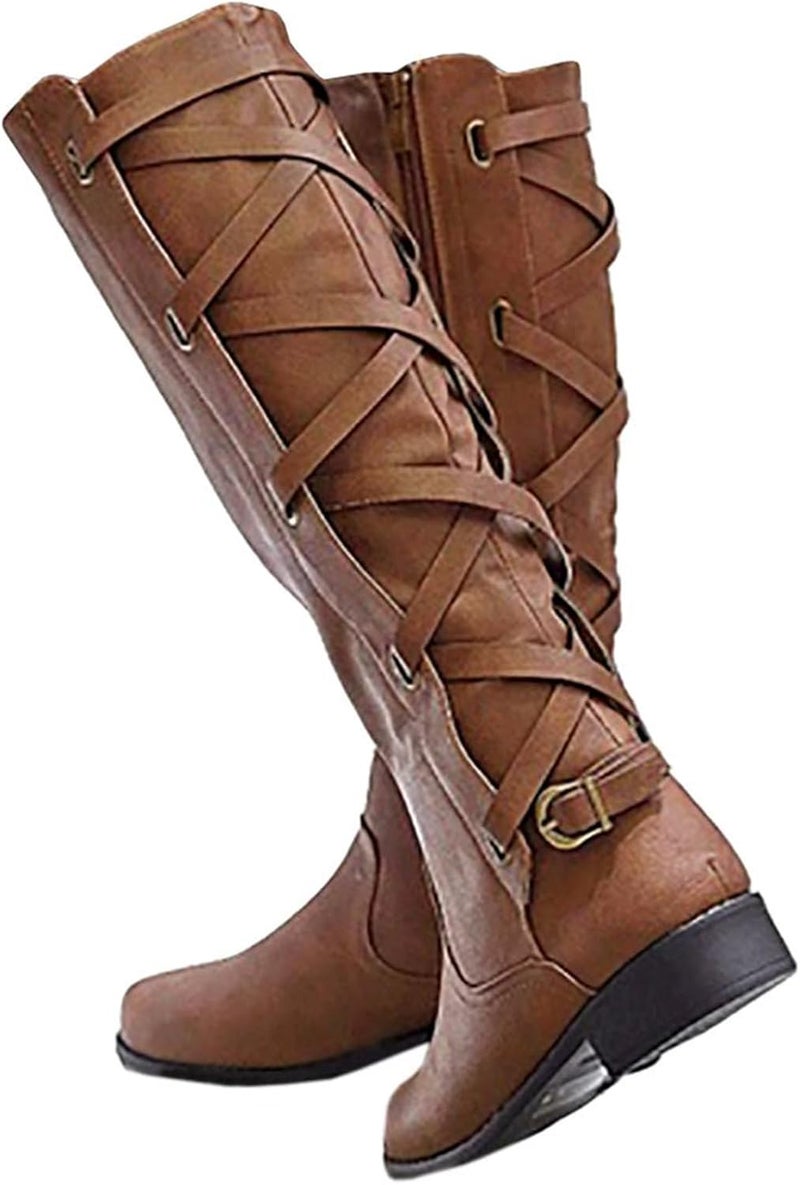 Syktkmx Women's Strappy Motorcycle Knee High Boots - Brown, Size 9 - Image 1