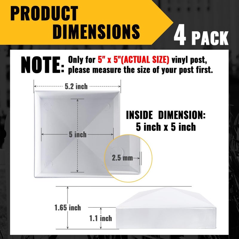 VIVIDA 5" x 5" Vinyl Fence Post Caps, Pyramid PVC Post Cap (Actual 5" x 5"), Waterproof Fence Top Covers for Deck, Mailbox, White, 4 Pack - Image 2