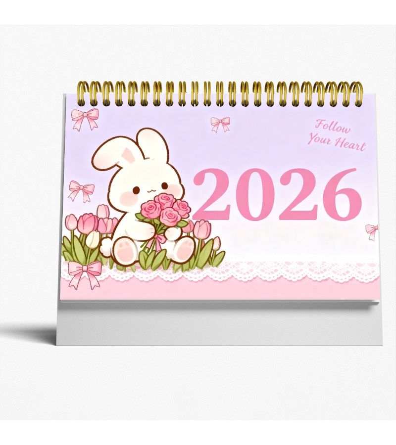 تقويم مكتبي ملون 2026-2027 لمدة 24 شهراً مع تجليد حلزوني وحامل متين، مخطط ملهم للمنزل والمكتب بتصميم أرنب زهري جميل، هدية مثالية للعطلات ورأس السنة الجديدة، مقاس 8.3 × 6.3 إنش. - Image 1
