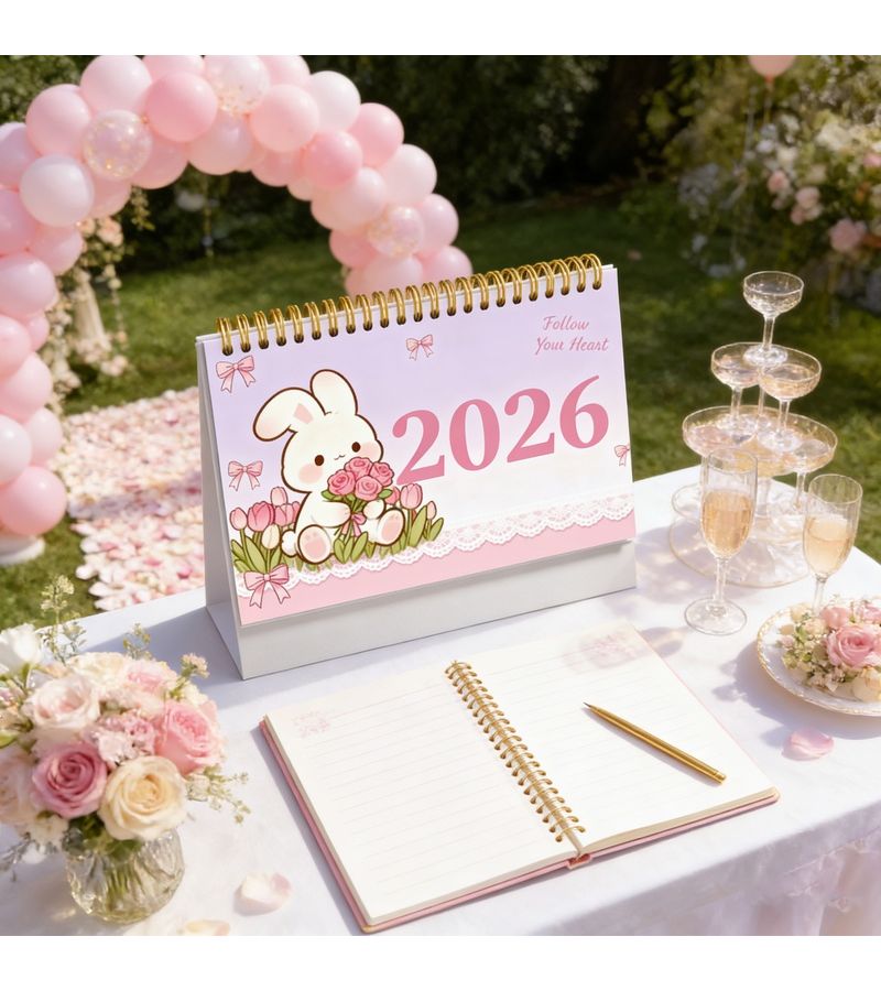 تقويم مكتبي ملون 2026-2027 لمدة 24 شهراً مع تجليد حلزوني وحامل متين، مخطط ملهم للمنزل والمكتب بتصميم أرنب زهري جميل، هدية مثالية للعطلات ورأس السنة الجديدة، مقاس 8.3 × 6.3 إنش. - Image 3